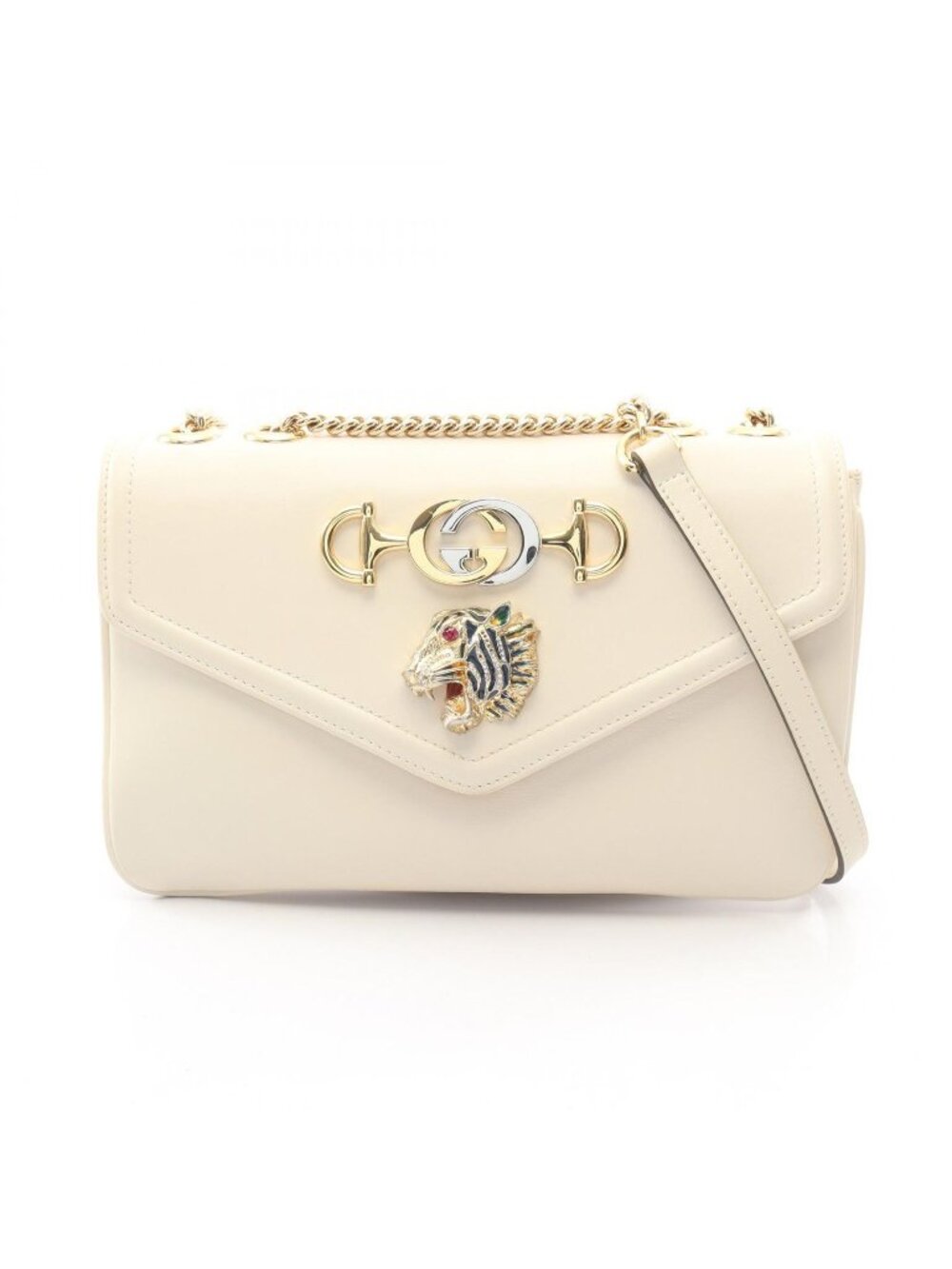 Gucci Shoulder Bag Raja Tiger Head White Leather Chain